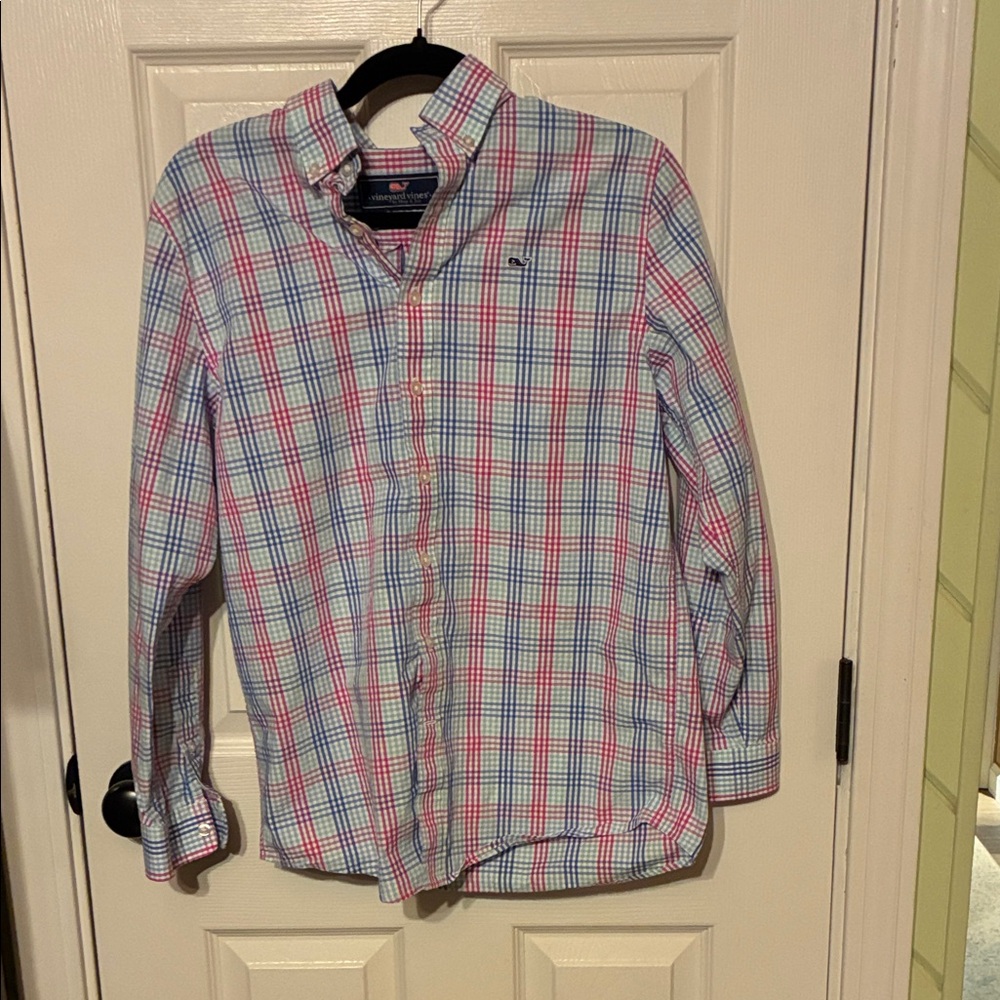 Vineyard Vines Kids Plaid Shirt - Blue, Pink, and White Large (16)